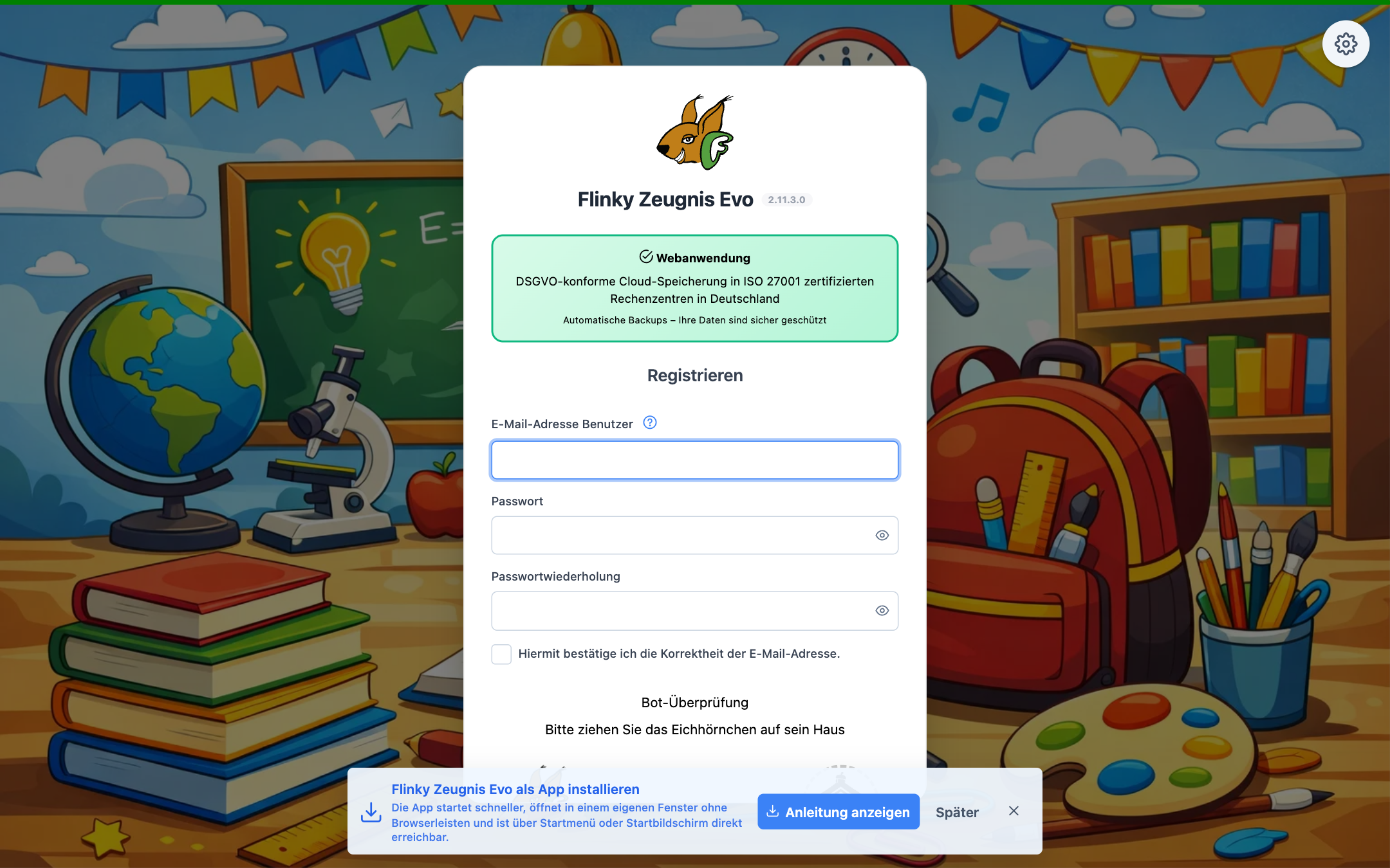 Registrierung mit E-Mail-Adresse, Passwort und Bot-Überprüfung