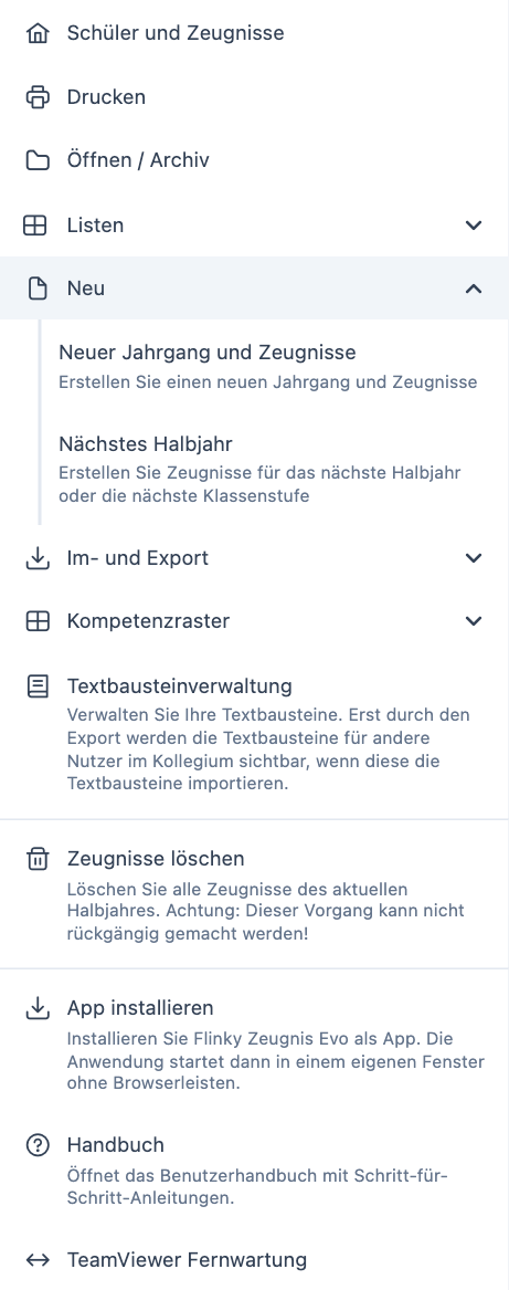 Menü Neu mit „Neuer Jahrgang und Zeugnisse“ und „Nächstes Halbjahr“