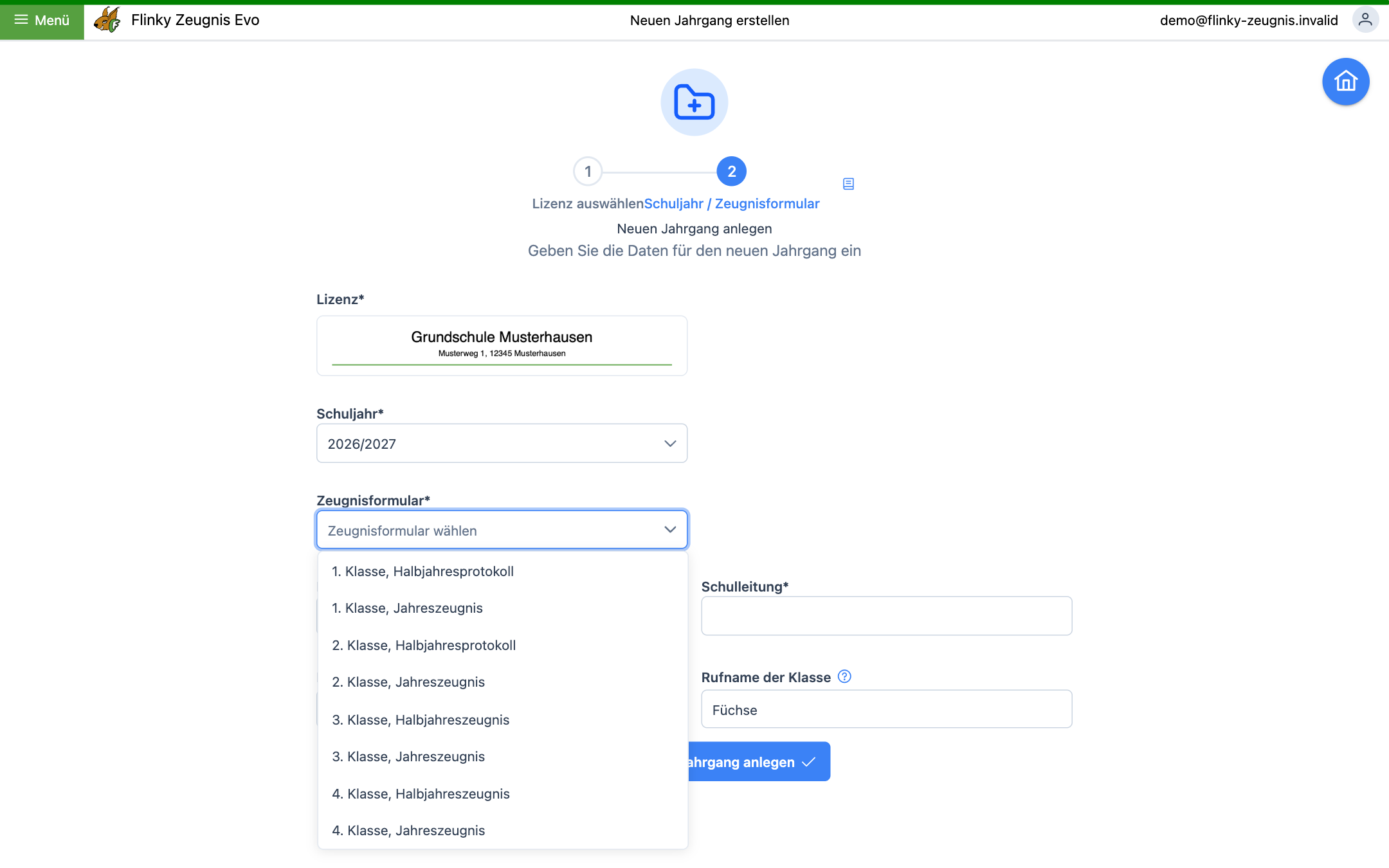 Auswahl des Zeugnisformulars