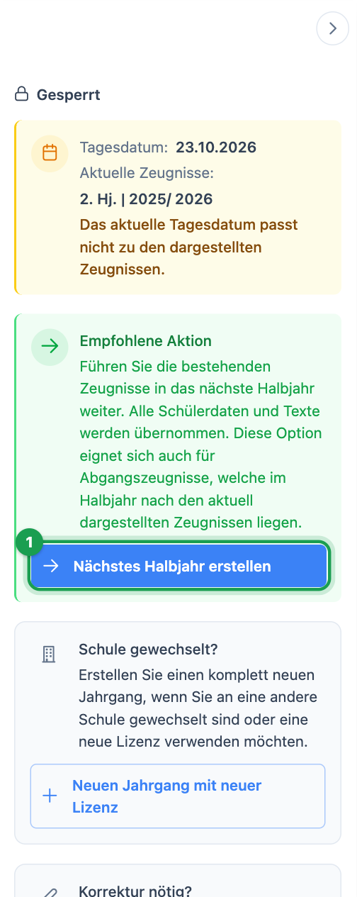 Karte „Gesperrt“ mit der empfohlenen Aktion „Nächstes Halbjahr erstellen“