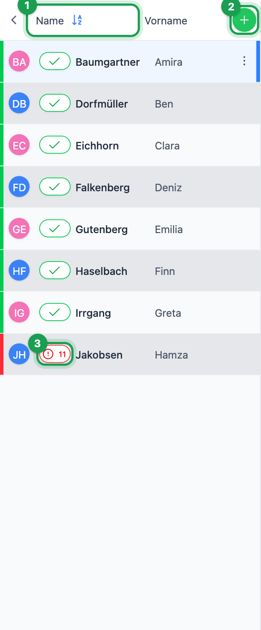 Schülerliste mit Sortierung, Hinzufügen und Status