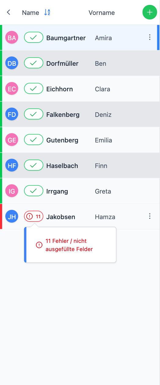 Status-Anzeige eines unvollständigen Zeugnisses
