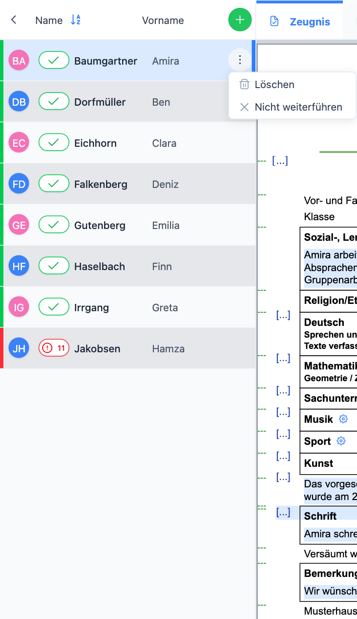 Zeilenmenü mit Löschen und Nicht weiterführen