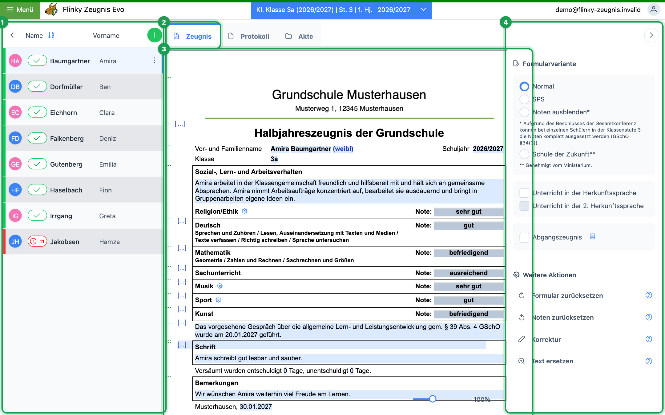 Arbeitsbereich: Schülerliste, Tabs, Zeugnis und Seitenleiste