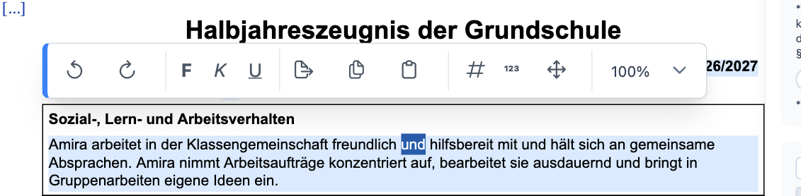 Toolbar über einem markierten Text