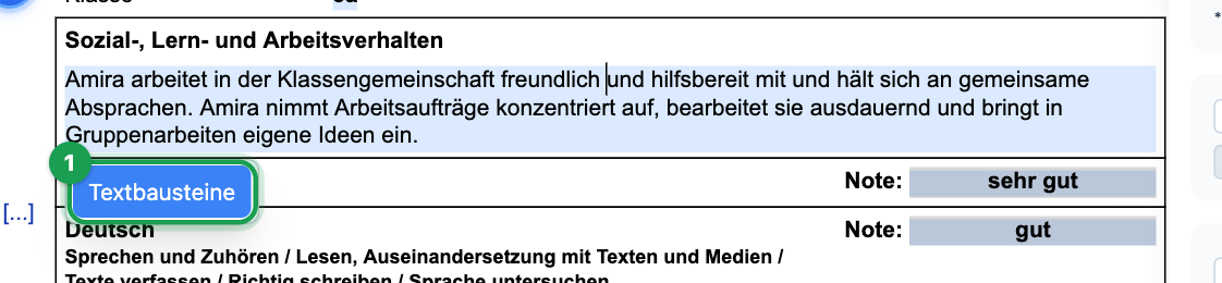 Knopf „Textbausteine“ unter dem Textfeld