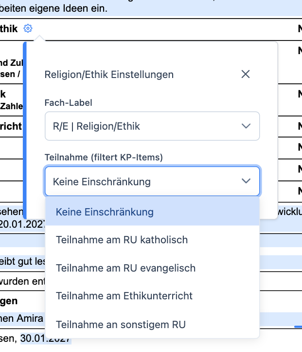 Fach-Einstellungen für Religion/Ethik mit Teilnahme-Auswahl