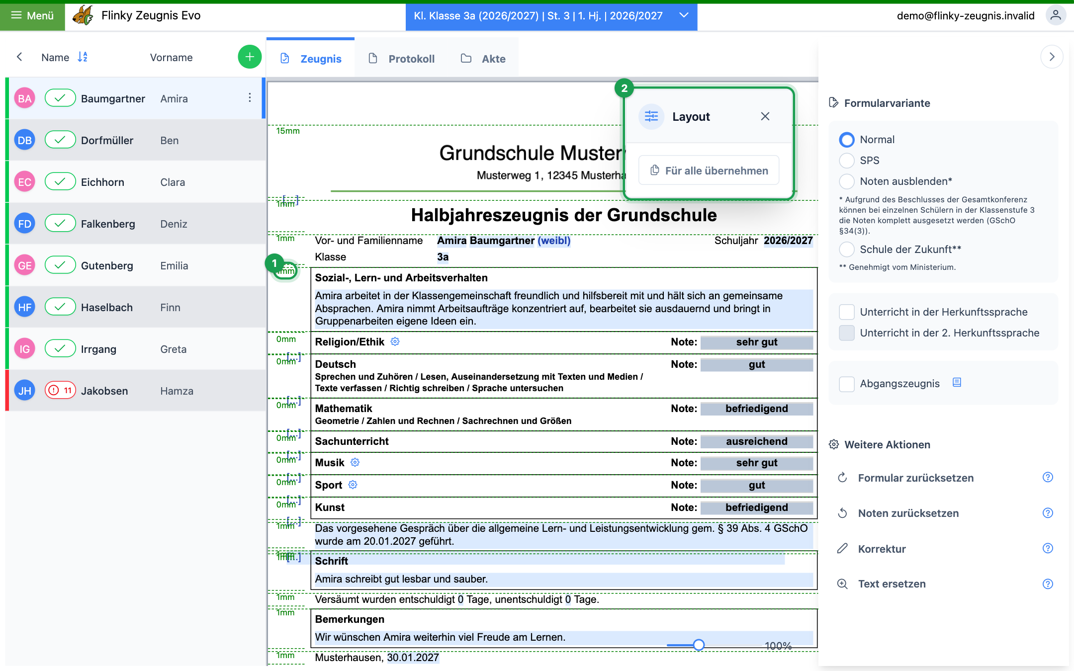 Layout-Modus mit Millimeter-Angaben und dem Feld „Layout“