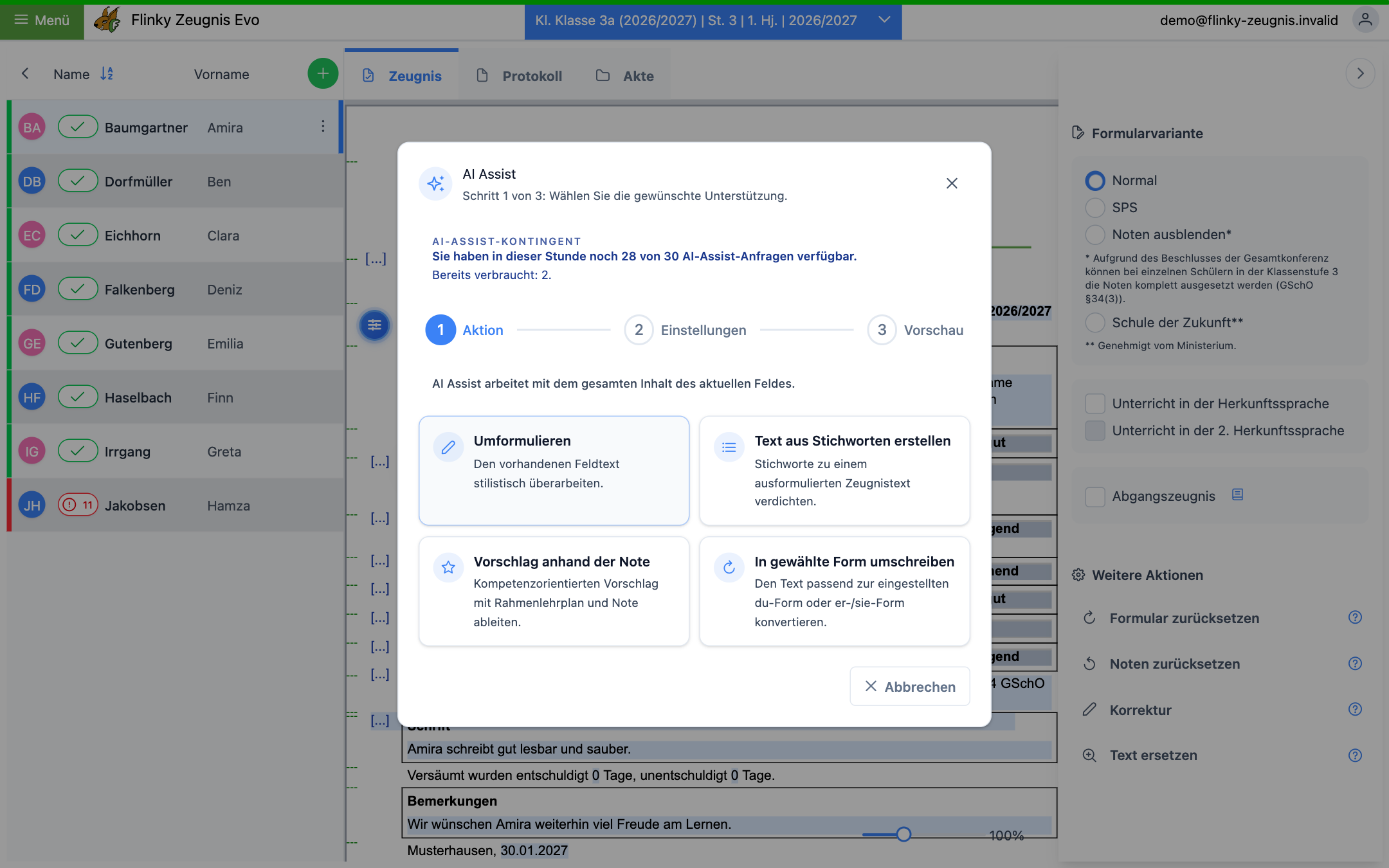 Fenster „AI Assist“, Schritt 1: Aktion wählen