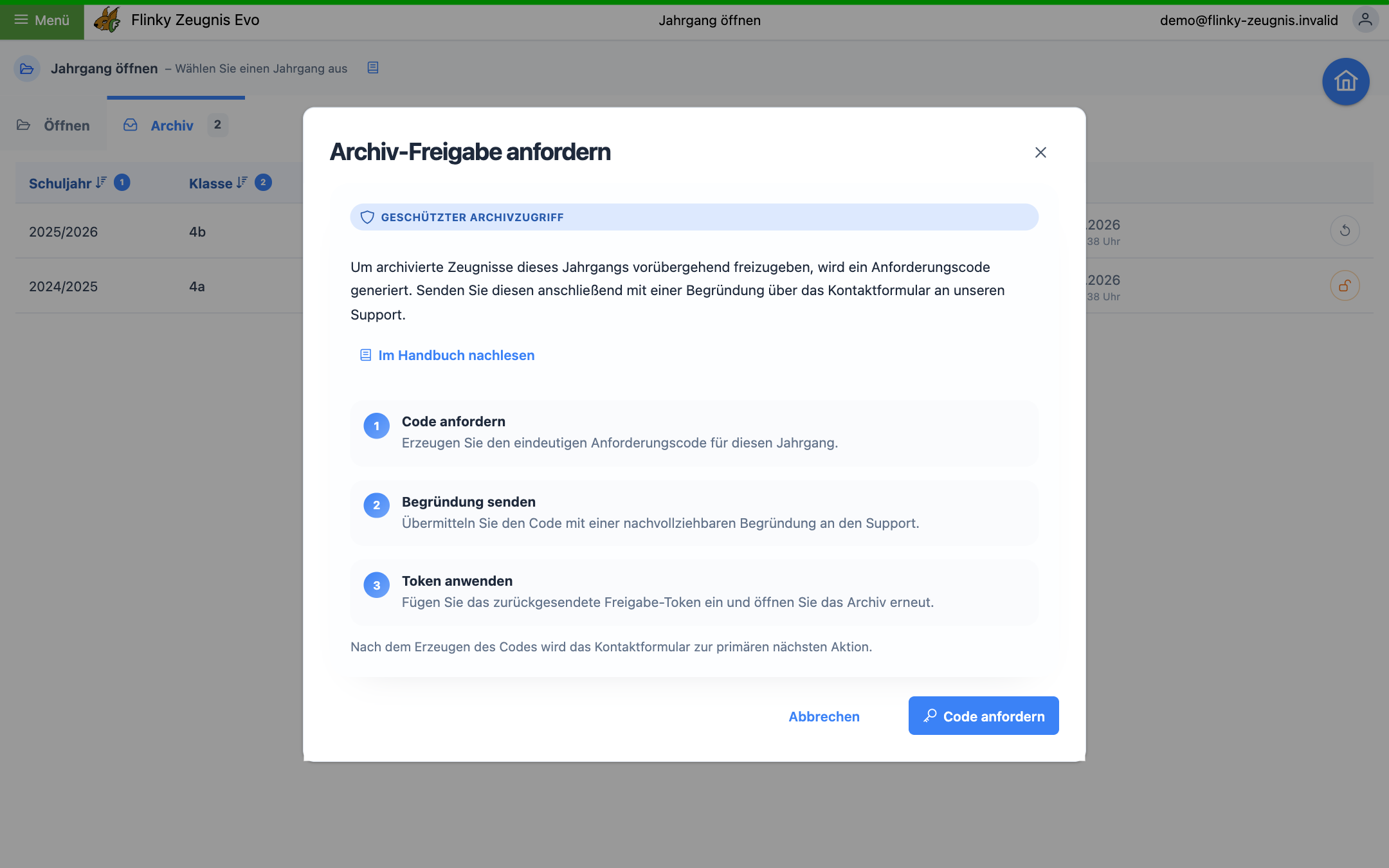 Dialog „Archiv-Freigabe anfordern“