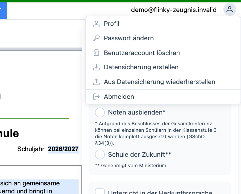 Benutzermenü mit „Datensicherung erstellen“